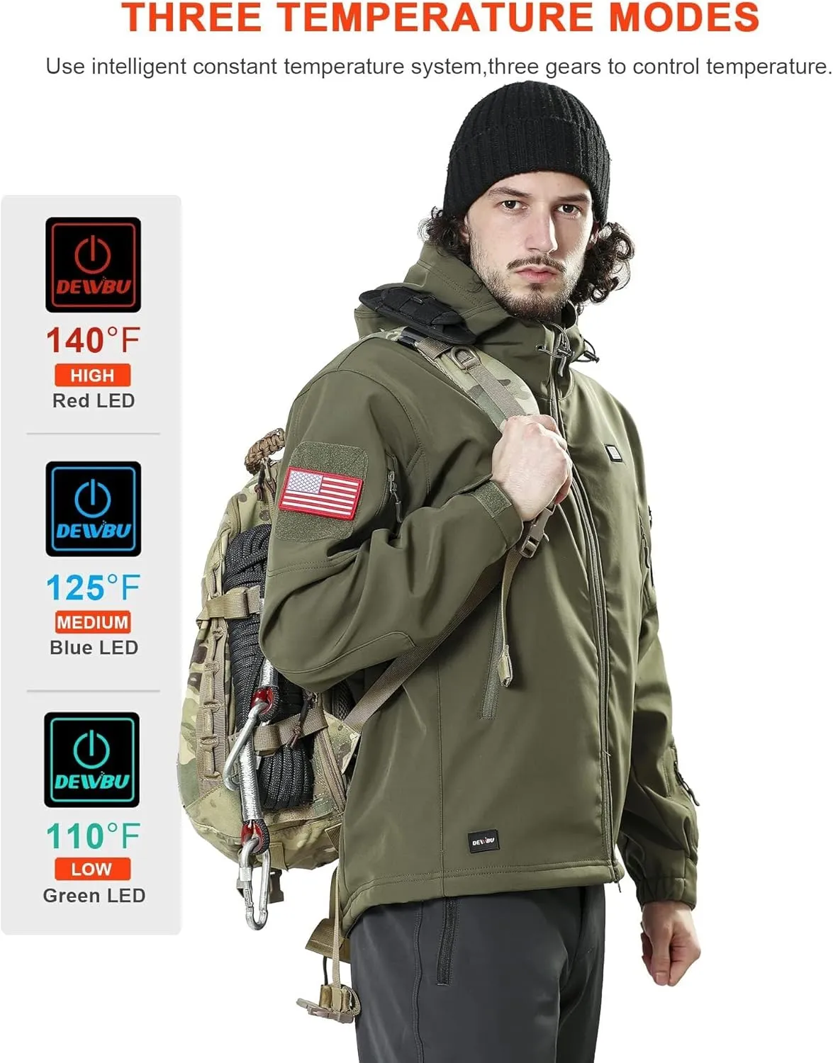 DEWBU Heated Jacket for Men with 12V Battery Pack Winter Outdoor Soft Shell Electric Heating Coat