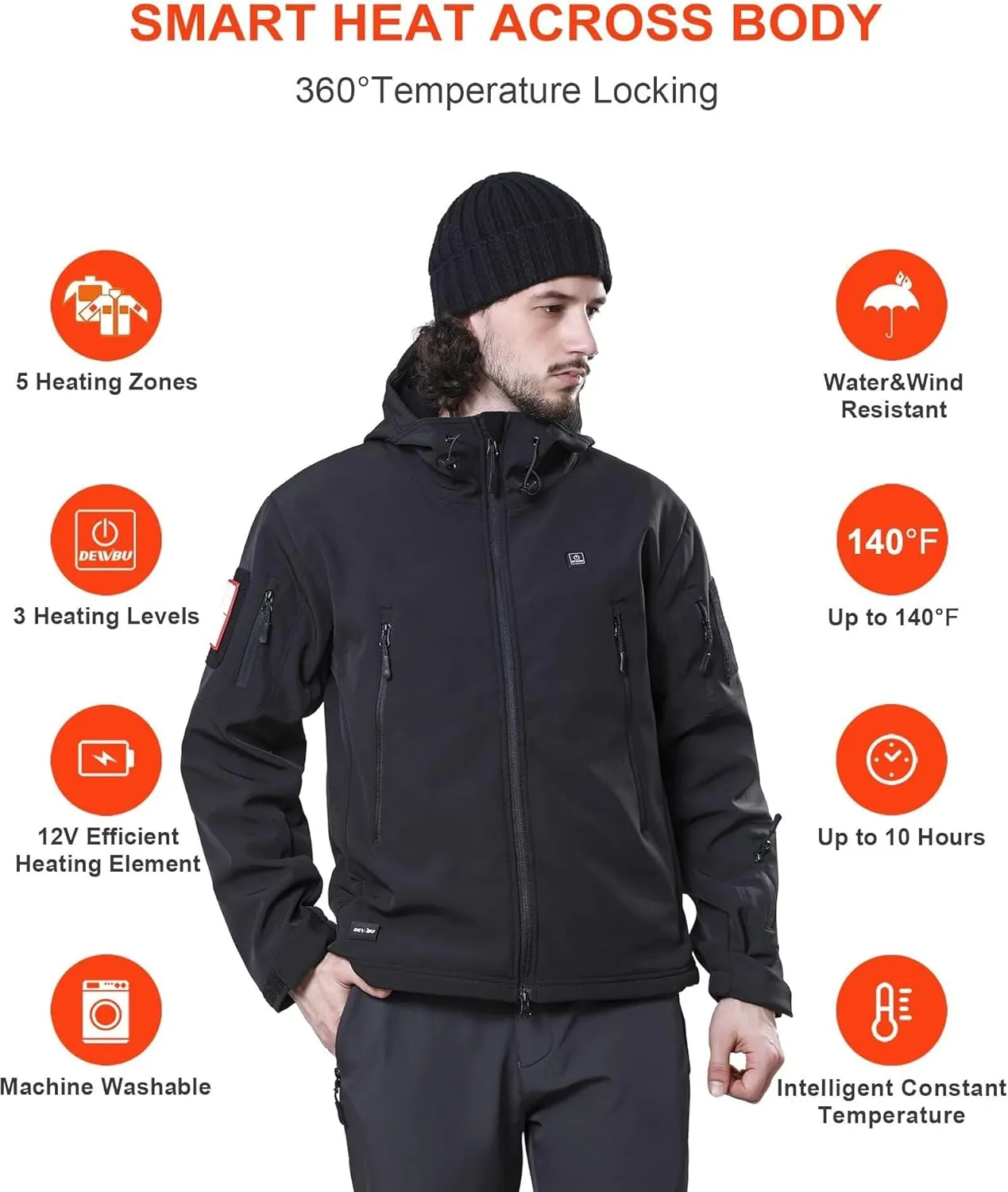 DEWBU Heated Jacket for Men with 12V Battery Pack Winter Outdoor Soft Shell Electric Heating Coat