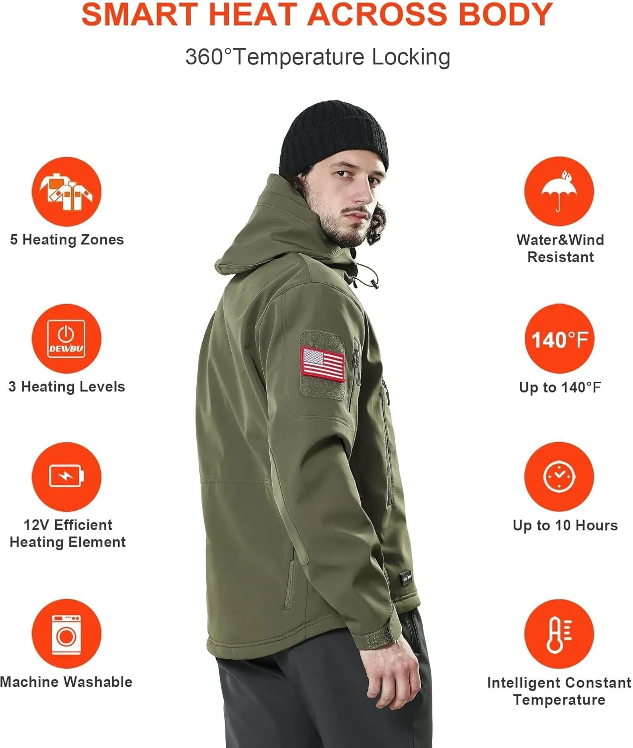 DEWBU Heated Jacket for Men with 12V Battery Pack Winter Outdoor Soft Shell Electric Heating Coat
