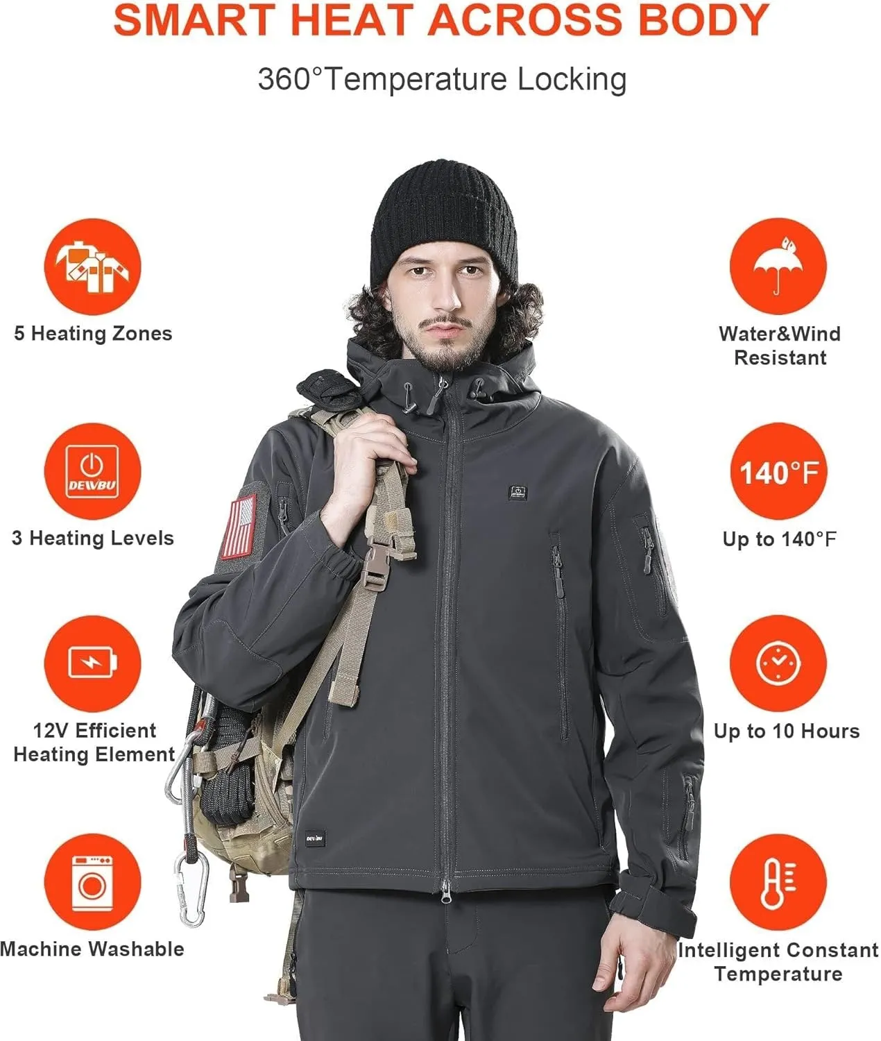DEWBU Heated Jacket for Men with 12V Battery Pack Winter Outdoor Soft Shell Electric Heating Coat