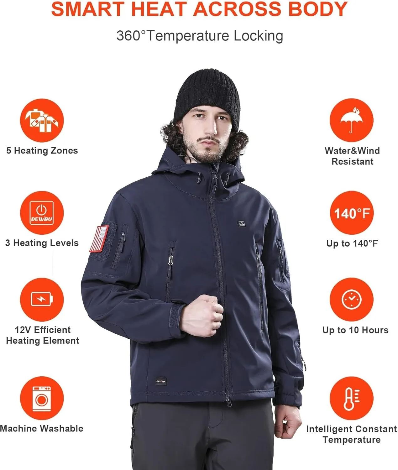 DEWBU Heated Jacket for Men with 12V Battery Pack Winter Outdoor Soft Shell Electric Heating Coat