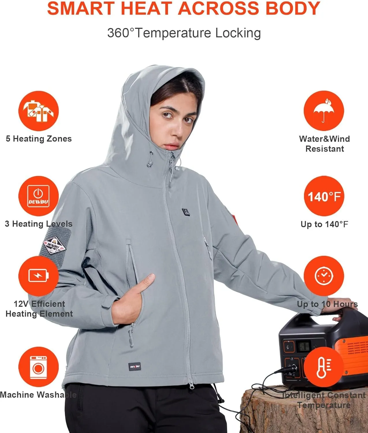 DEWBU Heated Jacket for Women with 12V Battery Pack Winter Outdoor Soft Shell Electric Heating Coat