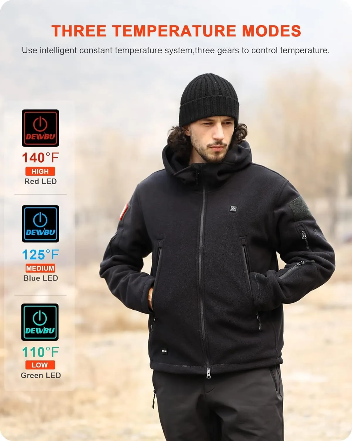 DEWBU Heated Jacket Polar Fleece with 12V Battery Pack Soft Fleece Electric Heating Hoodie for Men