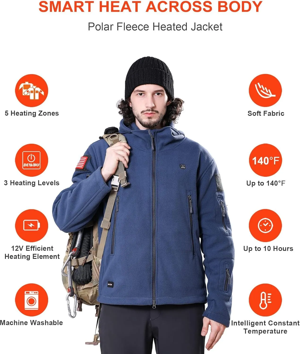 DEWBU Heated Jacket Polar Fleece with 12V Battery Pack Soft Fleece Electric Heating Hoodie for Men