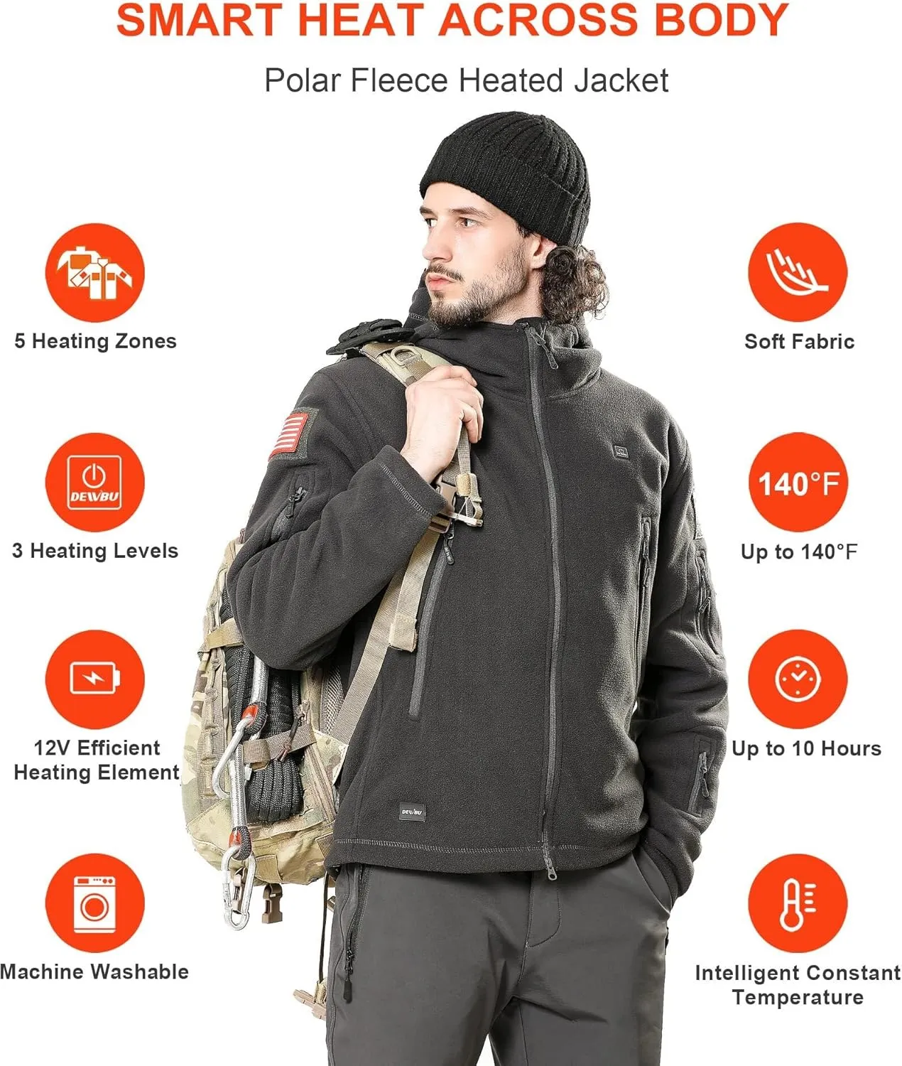 DEWBU Heated Jacket Polar Fleece with 12V Battery Pack Soft Fleece Electric Heating Hoodie for Men