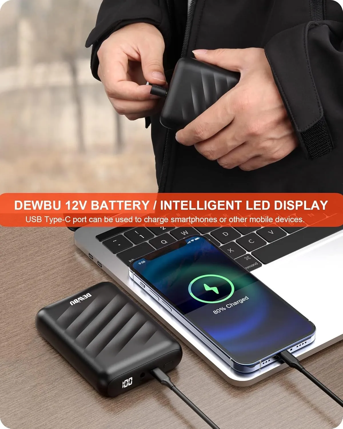 DEWBU Heated Jacket Polar Fleece with 12V Battery Pack Soft Fleece Electric Heating Hoodie for Men