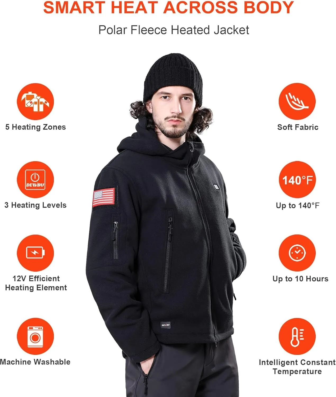 DEWBU Heated Jacket Polar Fleece with 12V Battery Pack Soft Fleece Electric Heating Hoodie for Men