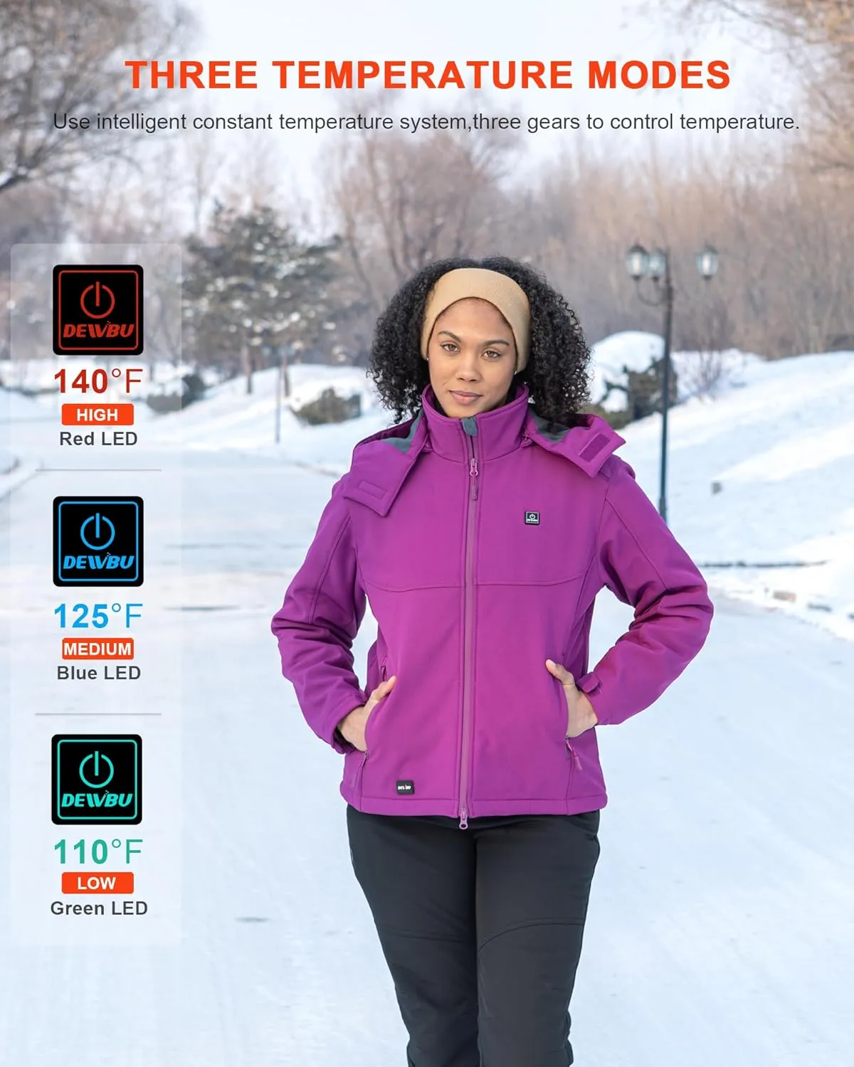 DEWBU Soft Shell Heated Jacket for Women with 12V Battery Pack and Detachable Hood Outdoor Electric Heating Coat