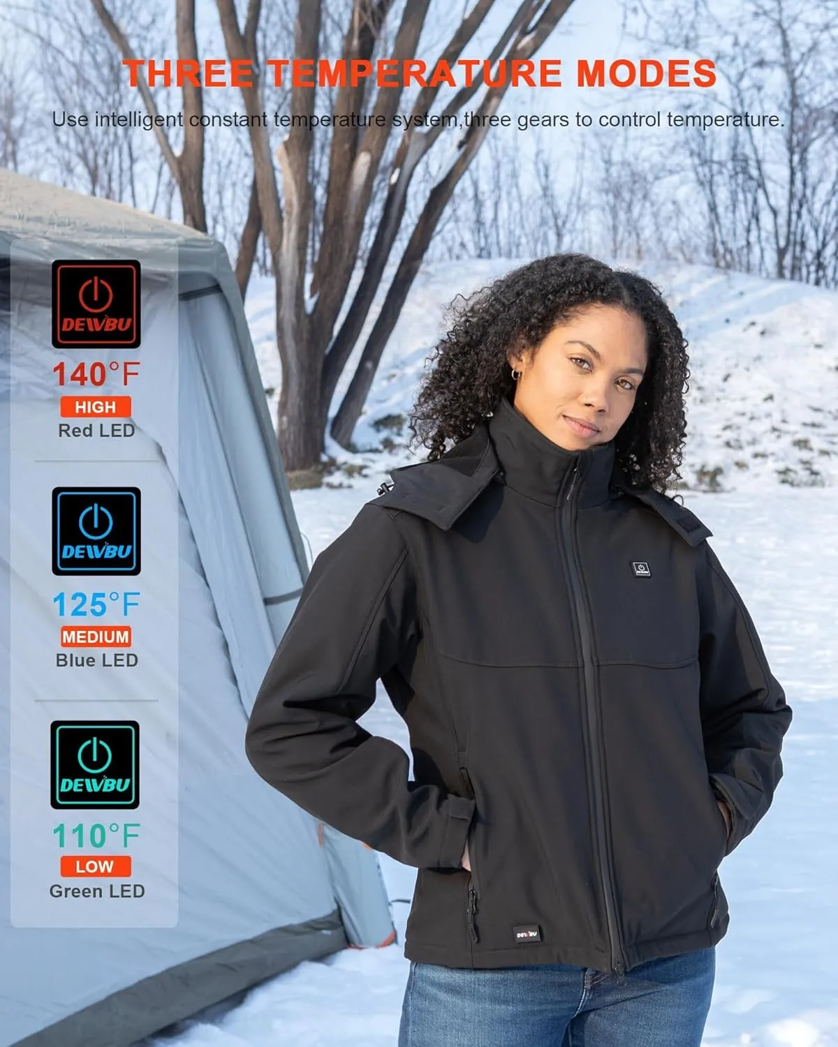 DEWBU Soft Shell Heated Jacket for Women with 12V Battery Pack and Detachable Hood Outdoor Electric Heating Coat