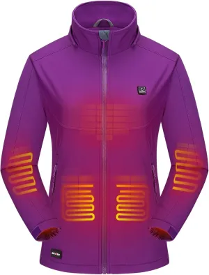 DEWBU Soft Shell Heated Jacket for Women with 12V Battery Pack and Detachable Hood Outdoor Electric Heating Coat