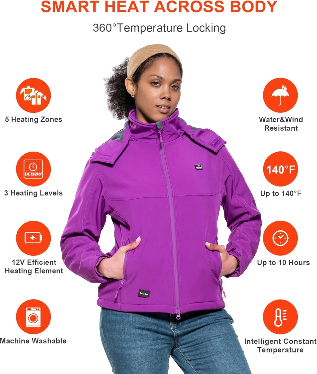 DEWBU Soft Shell Heated Jacket for Women with 12V Battery Pack and Detachable Hood Outdoor Electric Heating Coat
