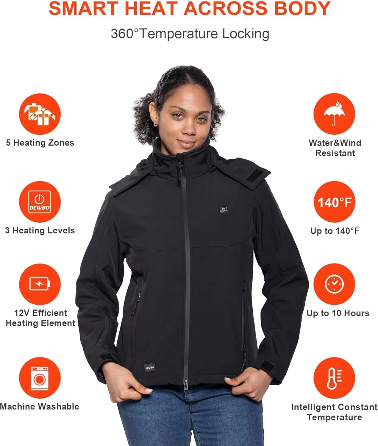 DEWBU Soft Shell Heated Jacket for Women with 12V Battery Pack and Detachable Hood Outdoor Electric Heating Coat