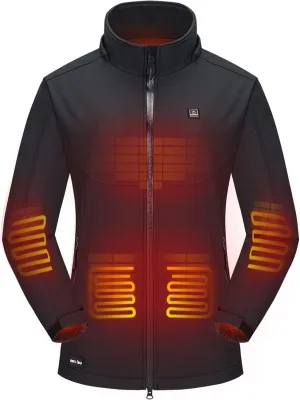 DEWBU Soft Shell Heated Jacket for Women with 12V Battery Pack and Detachable Hood Outdoor Electric Heating Coat