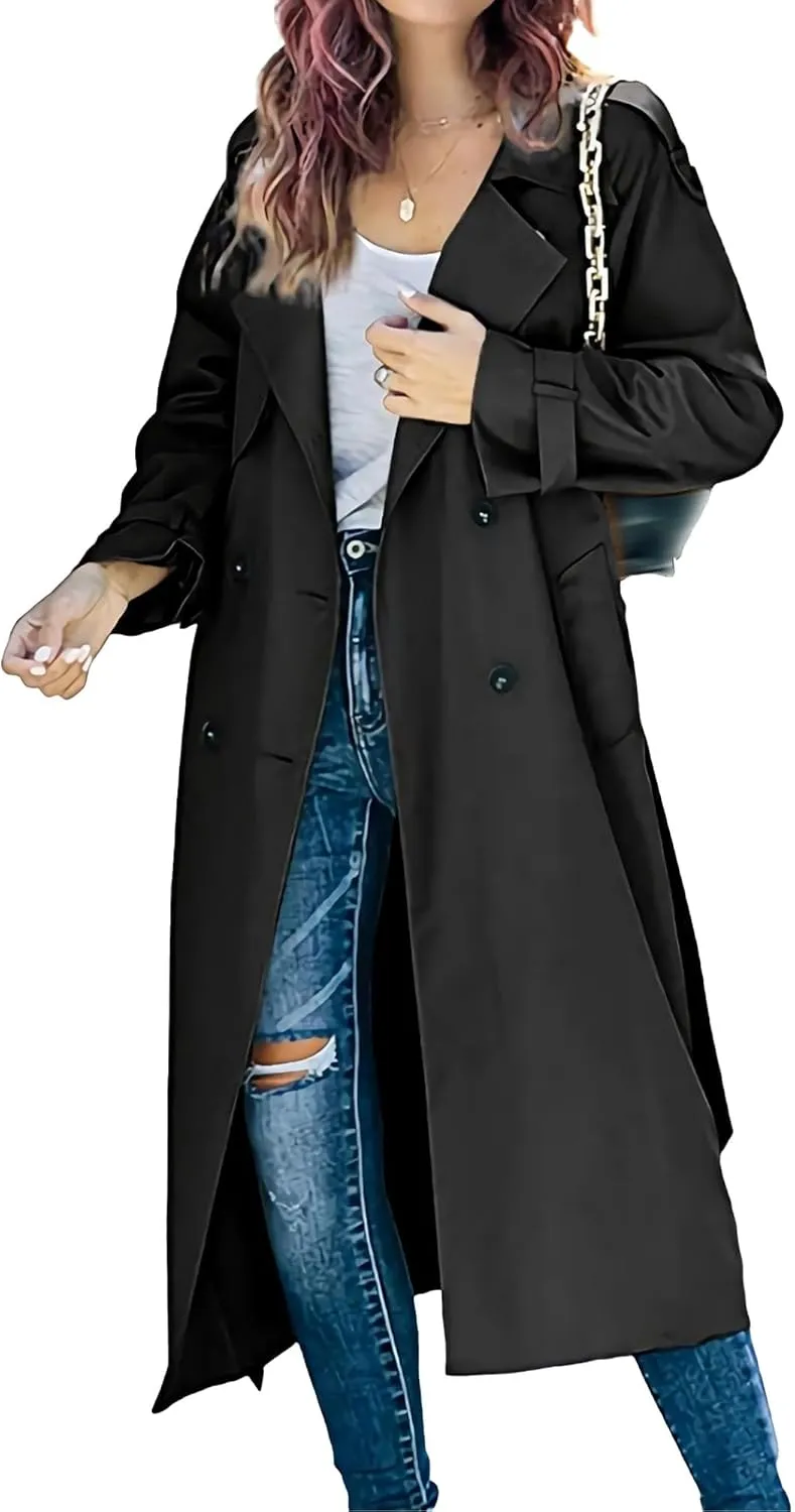 DGHM-JLMY Women's Solid Color Long Trench Coat Double Breasted Lapel Slim Overcoat Lightweight Fashion Windbreaker with Belt