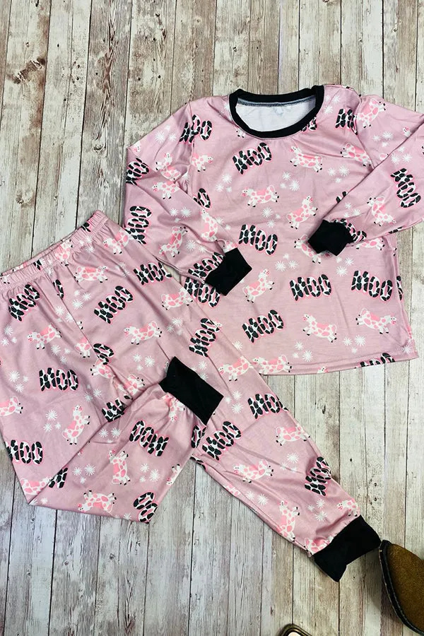 DLH0824-11 "MOO" and cows print 2pc long sleeve pajama set