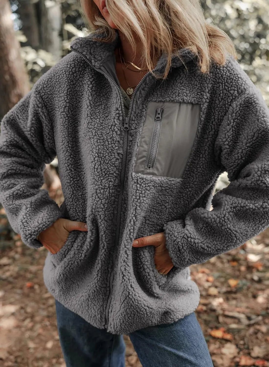 Dokotoo Womens Winter Trendy Full Zipper Fleece Jackets Long Sleeve Relaxed Warm Teddy Coats with Pockets