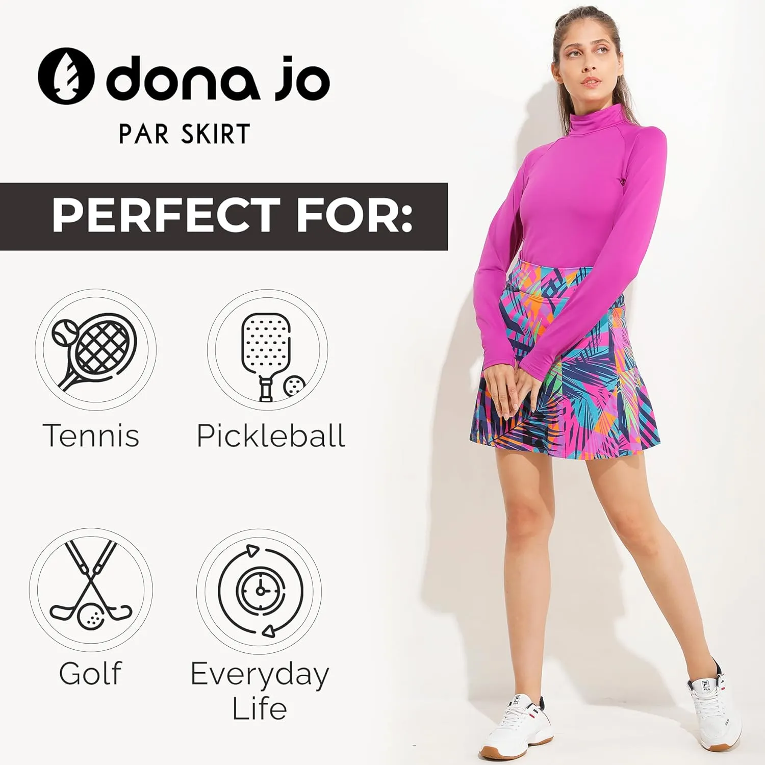 Dona Jo Par Skirt/Skort for Women: Athletic High-Waisted Tennis & Golf Activewear, Lightweight & Breathable 4-Way Stretch