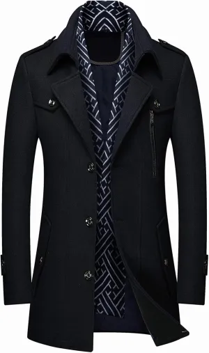 DOSLAVIDA Men's Slim Fit Woolen Pea Coat Single Breasted Winter Warm Long Trench Jackets With Removable Soft Scarf
