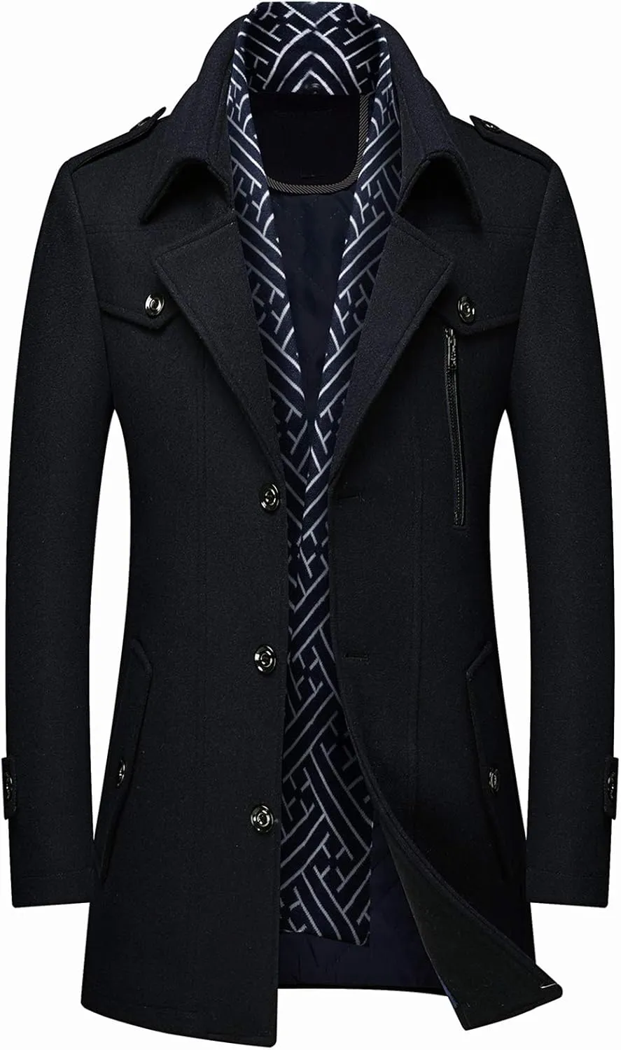DOSLAVIDA Men's Slim Fit Woolen Pea Coat Single Breasted Winter Warm Long Trench Jackets With Removable Soft Scarf