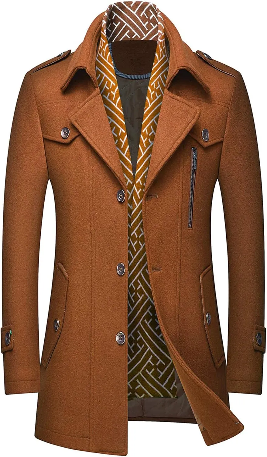 DOSLAVIDA Men's Slim Fit Woolen Pea Coat Single Breasted Winter Warm Long Trench Jackets With Removable Soft Scarf