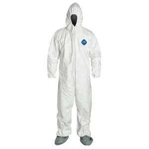 DuPont TY122SWH Tyvek 400 Coverall, Respirator Fit Hood with Elastic Wrists, Attached Skid-Resistant Boots, White, Case of 25