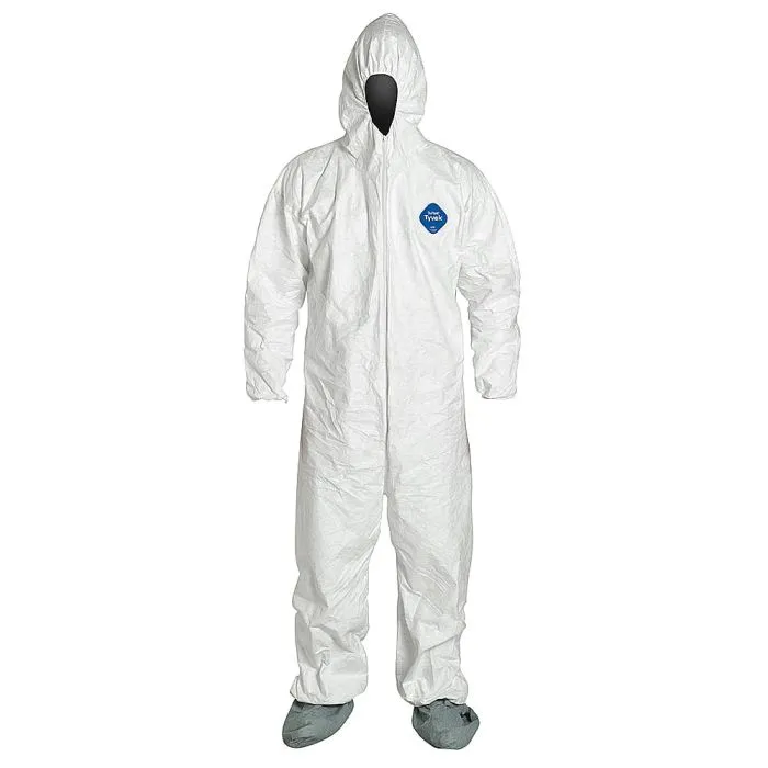 DuPont TY122SWH Tyvek 400 Coverall, Respirator Fit Hood with Elastic Wrists, Attached Skid-Resistant Boots, White, Case of 25