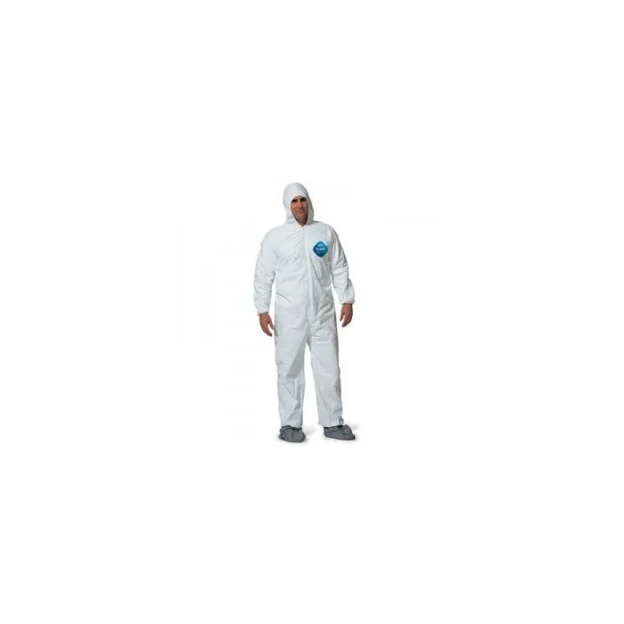 DuPont TY122SWH Tyvek 400 Coverall, Respirator Fit Hood with Elastic Wrists, Attached Skid-Resistant Boots, White, Case of 25