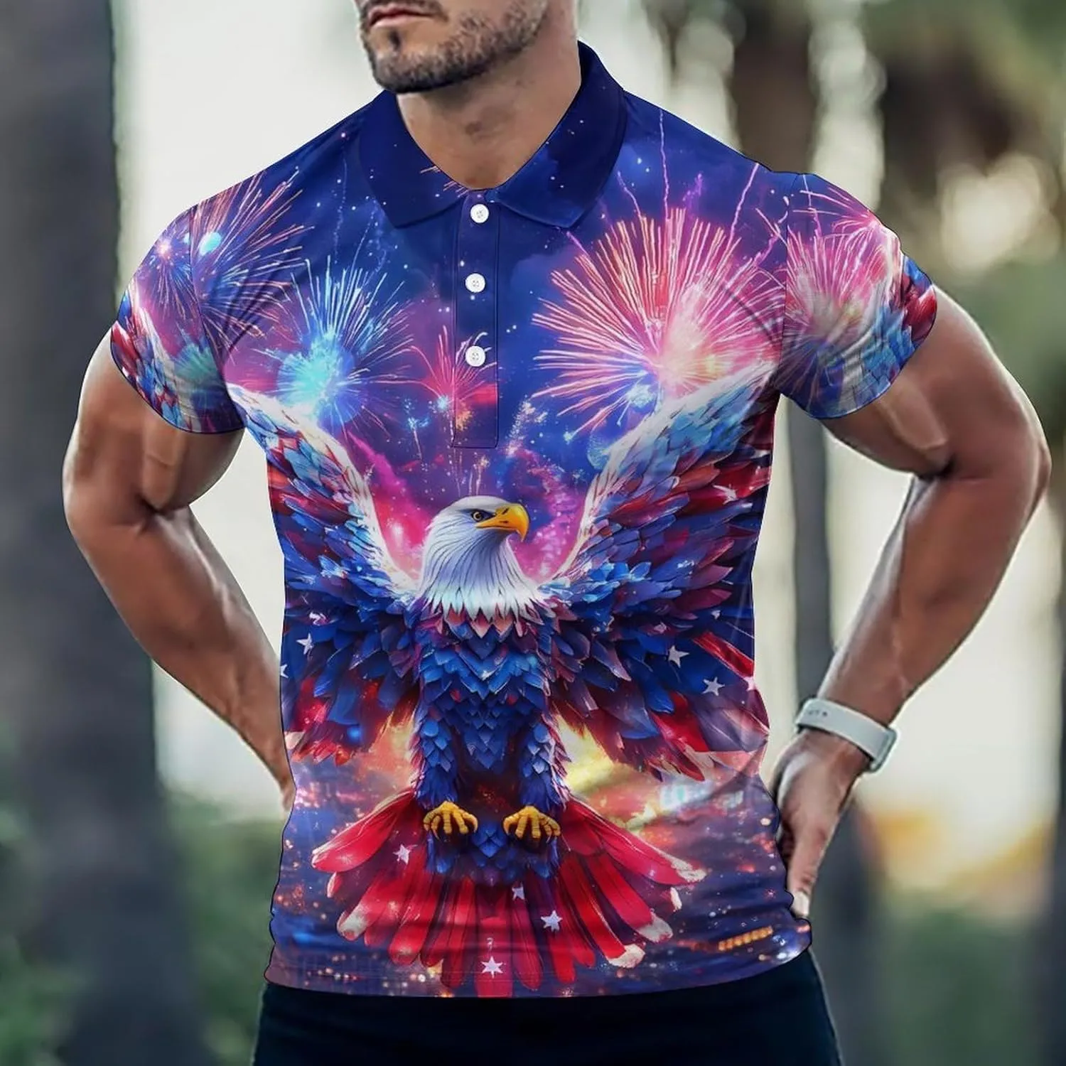 Ea-gles Firework U.S. Flag Slim Fit Men's Short Sleeve Polo Shirts Quick-Dry Breathable Golf T-Shirt Tops