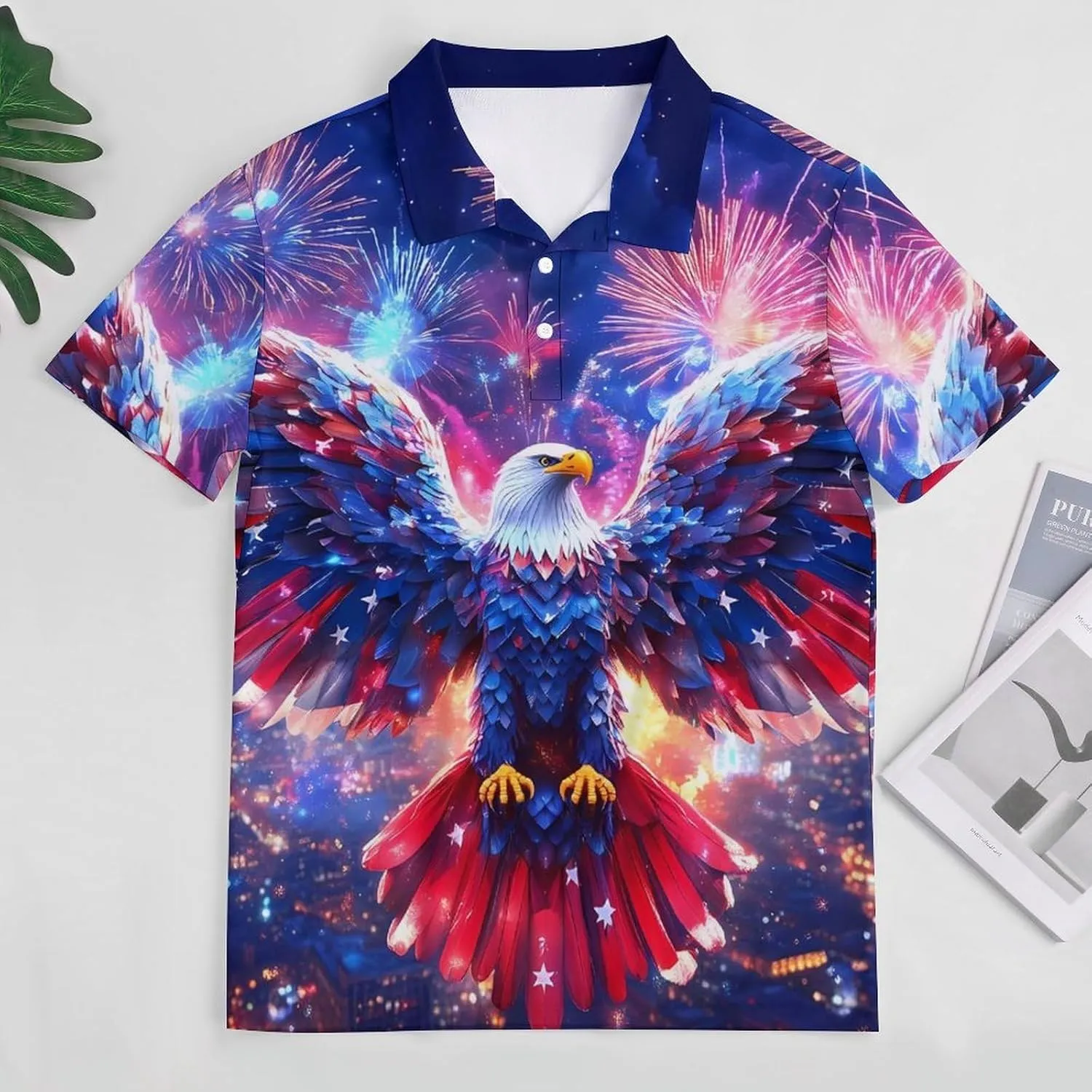 Ea-gles Firework U.S. Flag Slim Fit Men's Short Sleeve Polo Shirts Quick-Dry Breathable Golf T-Shirt Tops