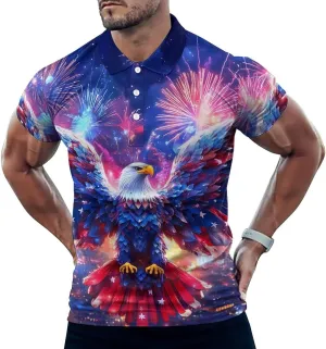Ea-gles Firework U.S. Flag Slim Fit Men's Short Sleeve Polo Shirts Quick-Dry Breathable Golf T-Shirt Tops