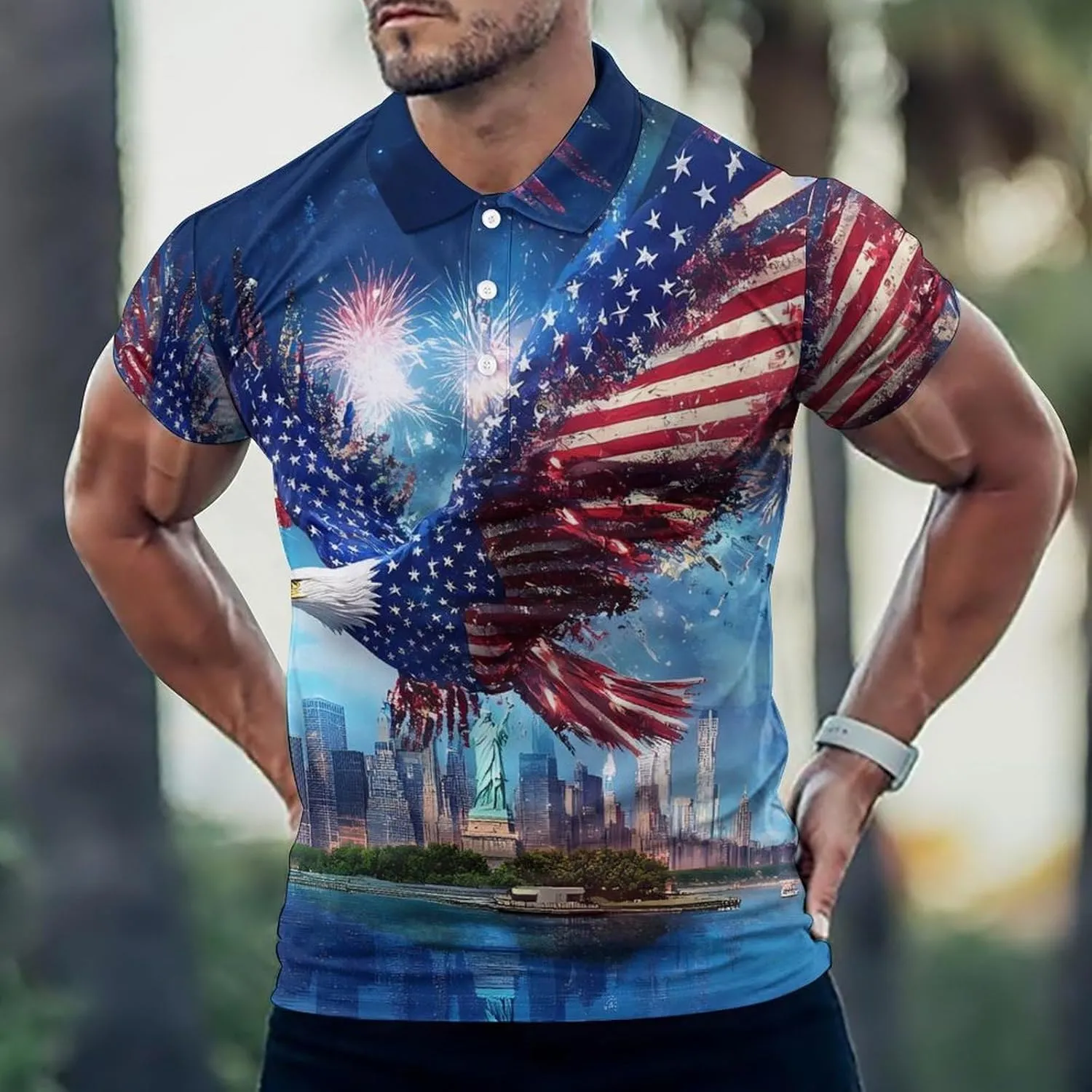 Ea-gles New York City Slim Fit Men's Short Sleeve Polo Shirts Quick-Dry Breathable Golf T-Shirt Tops