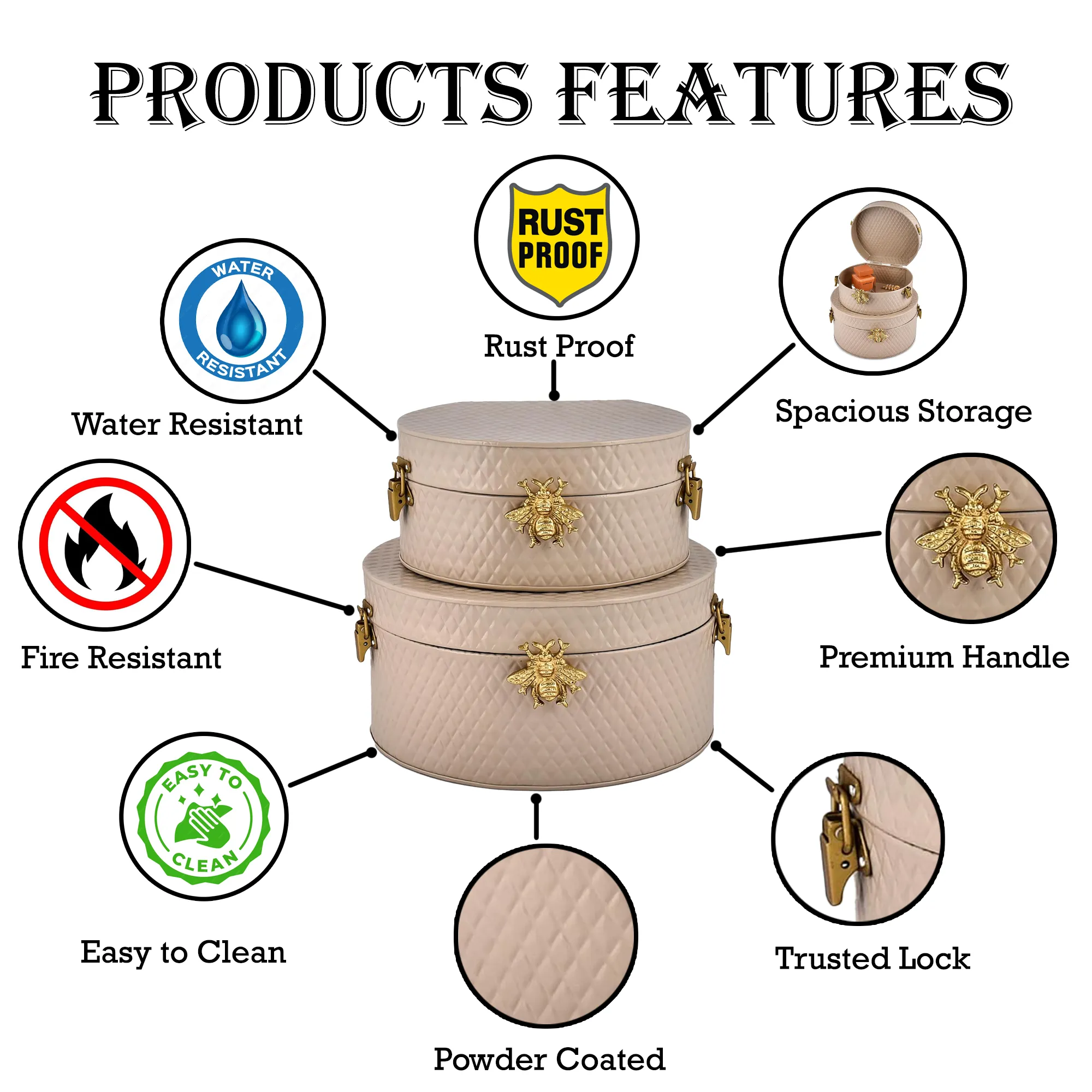Elan The Royal Hive Metal Trunk Box, Decorative Storage Box (Set of 2, Beige)