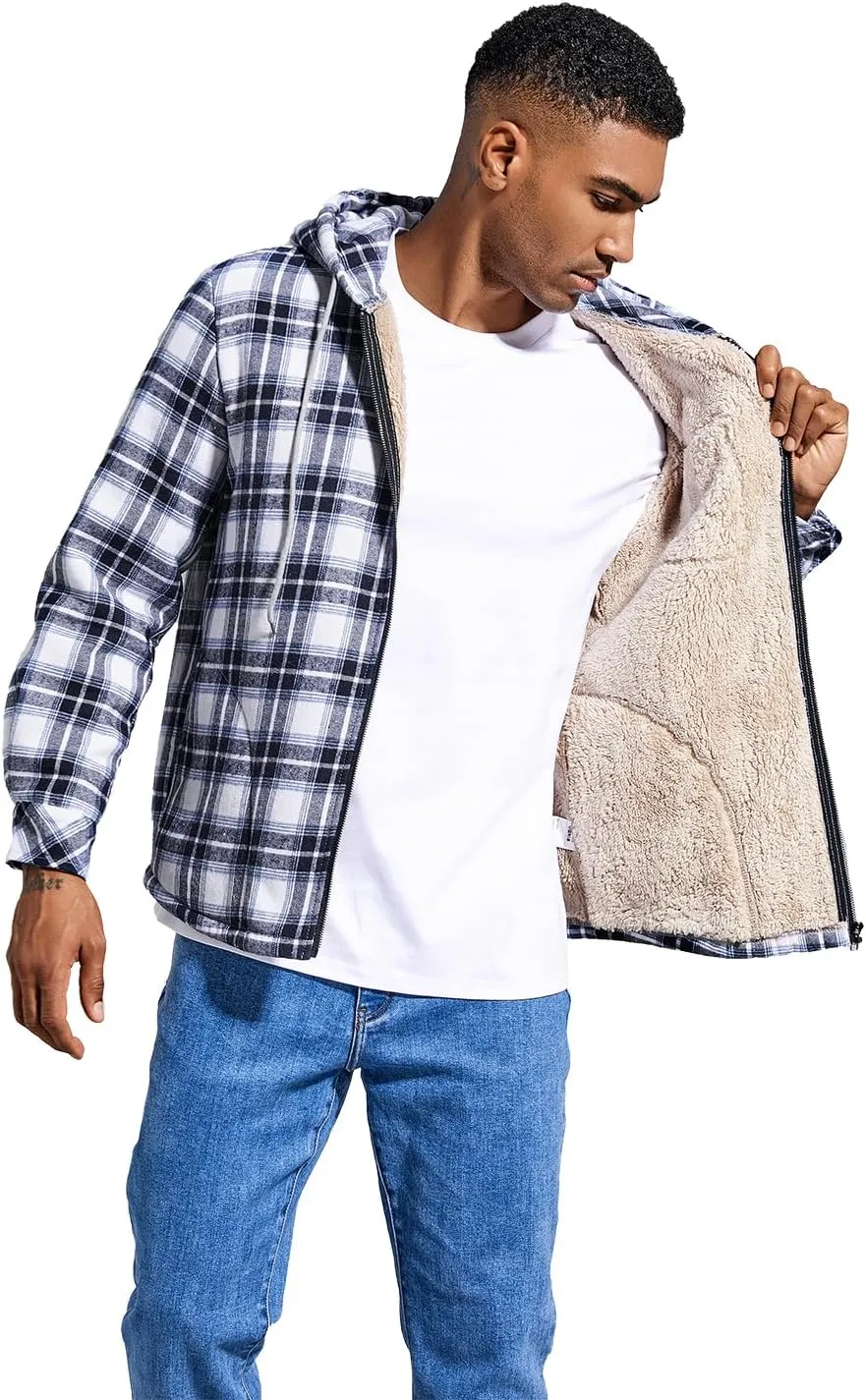 Elesuit Men's Full Zip Fleece Flannel Jackets Shirt Plaid Cotton Hoodies Soft Warm Coat for Men with Hood