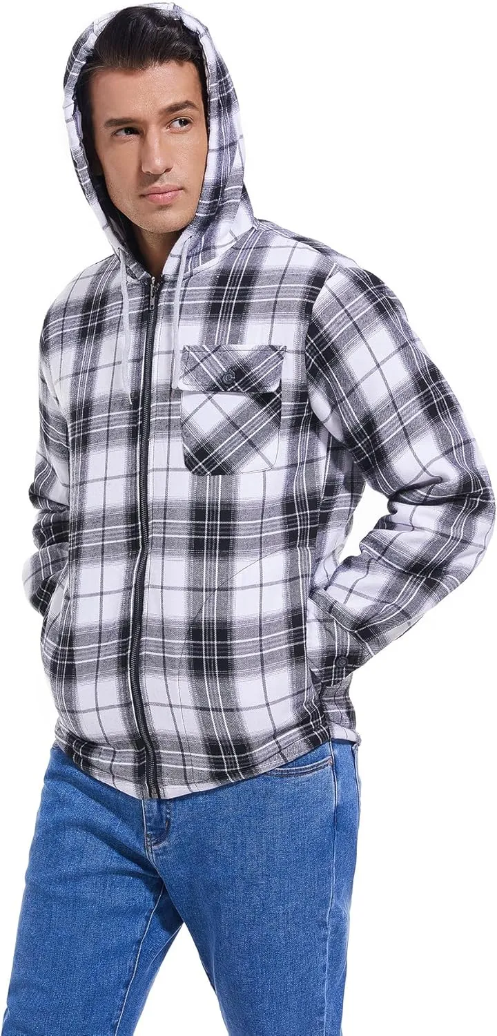 Elesuit Men's Full Zip Fleece Flannel Jackets Shirt Plaid Cotton Hoodies Soft Warm Coat for Men with Hood