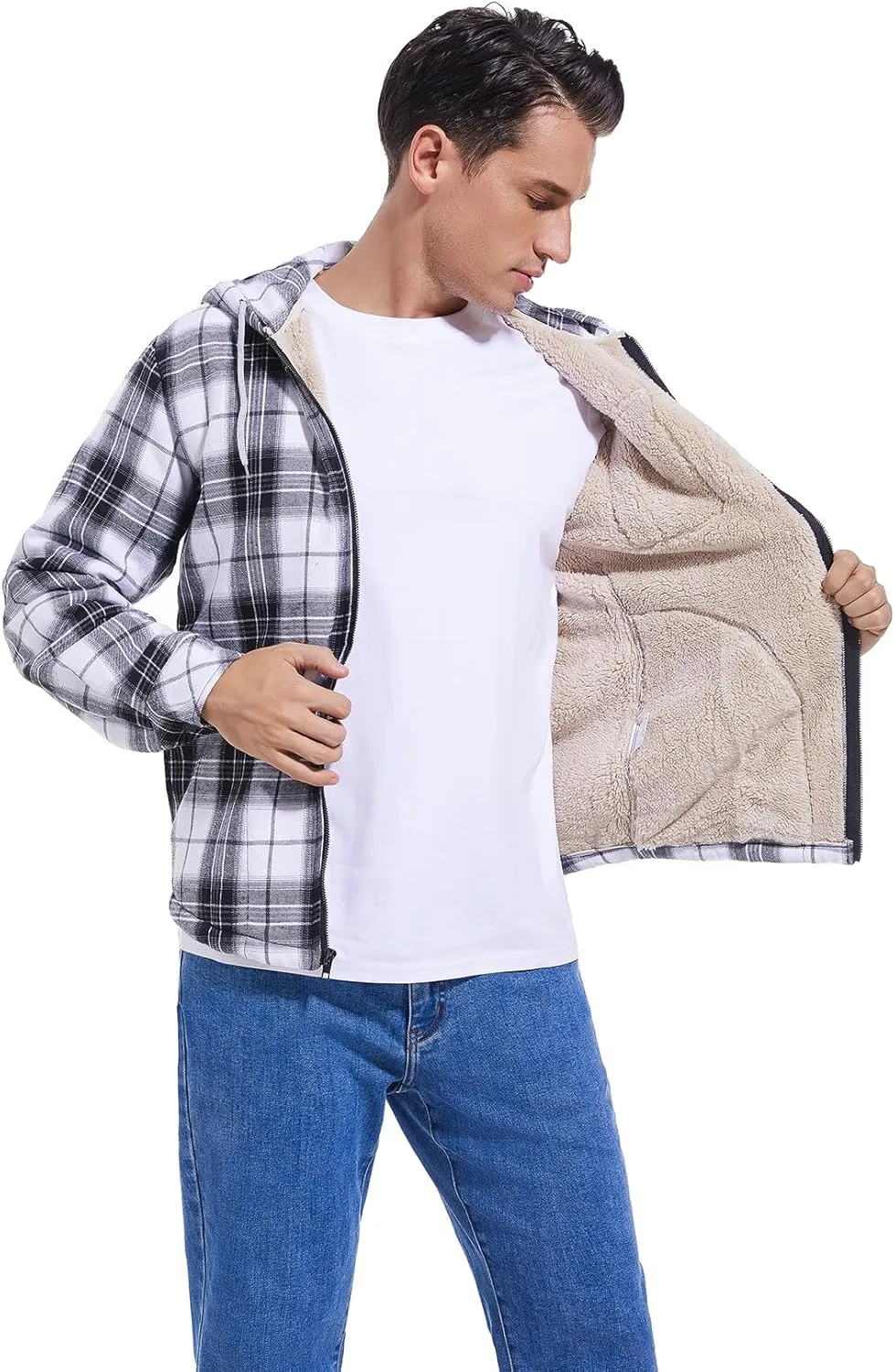 Elesuit Men's Full Zip Fleece Flannel Jackets Shirt Plaid Cotton Hoodies Soft Warm Coat for Men with Hood