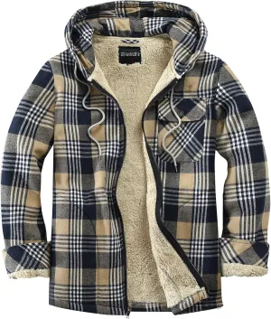 Elesuit Men's Full Zip Fleece Flannel Jackets Shirt Plaid Cotton Hoodies Soft Warm Coat for Men with Hood
