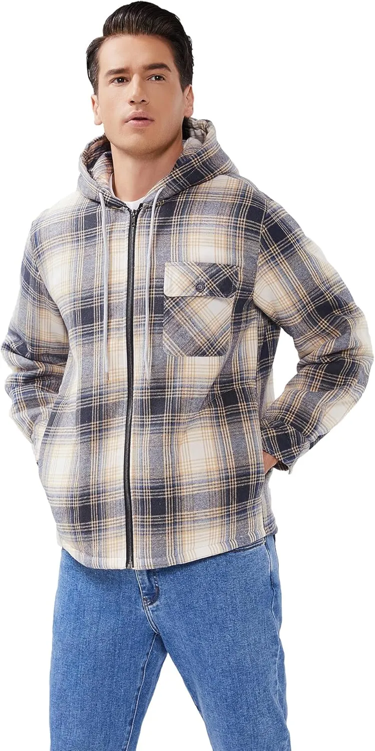 Elesuit Men's Full Zip Fleece Flannel Jackets Shirt Plaid Cotton Hoodies Soft Warm Coat for Men with Hood