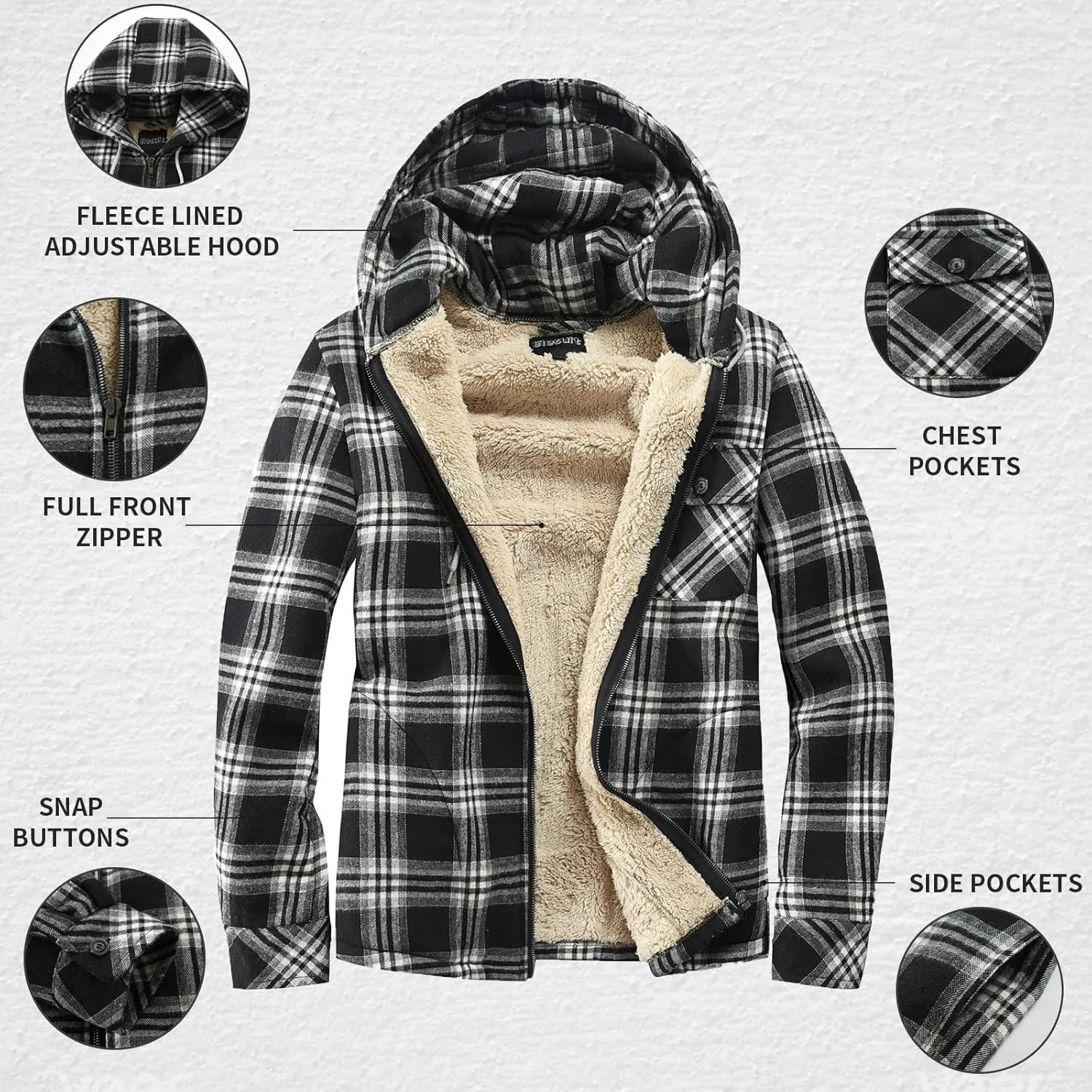 Elesuit Men's Full Zip Fleece Flannel Jackets Shirt Plaid Cotton Hoodies Soft Warm Coat for Men with Hood