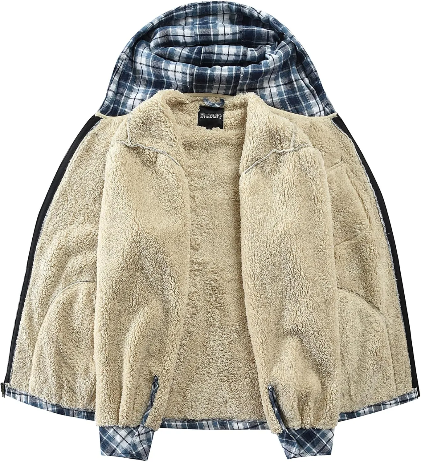 Elesuit Men's Full Zip Fleece Flannel Jackets Shirt Plaid Cotton Hoodies Soft Warm Coat for Men with Hood