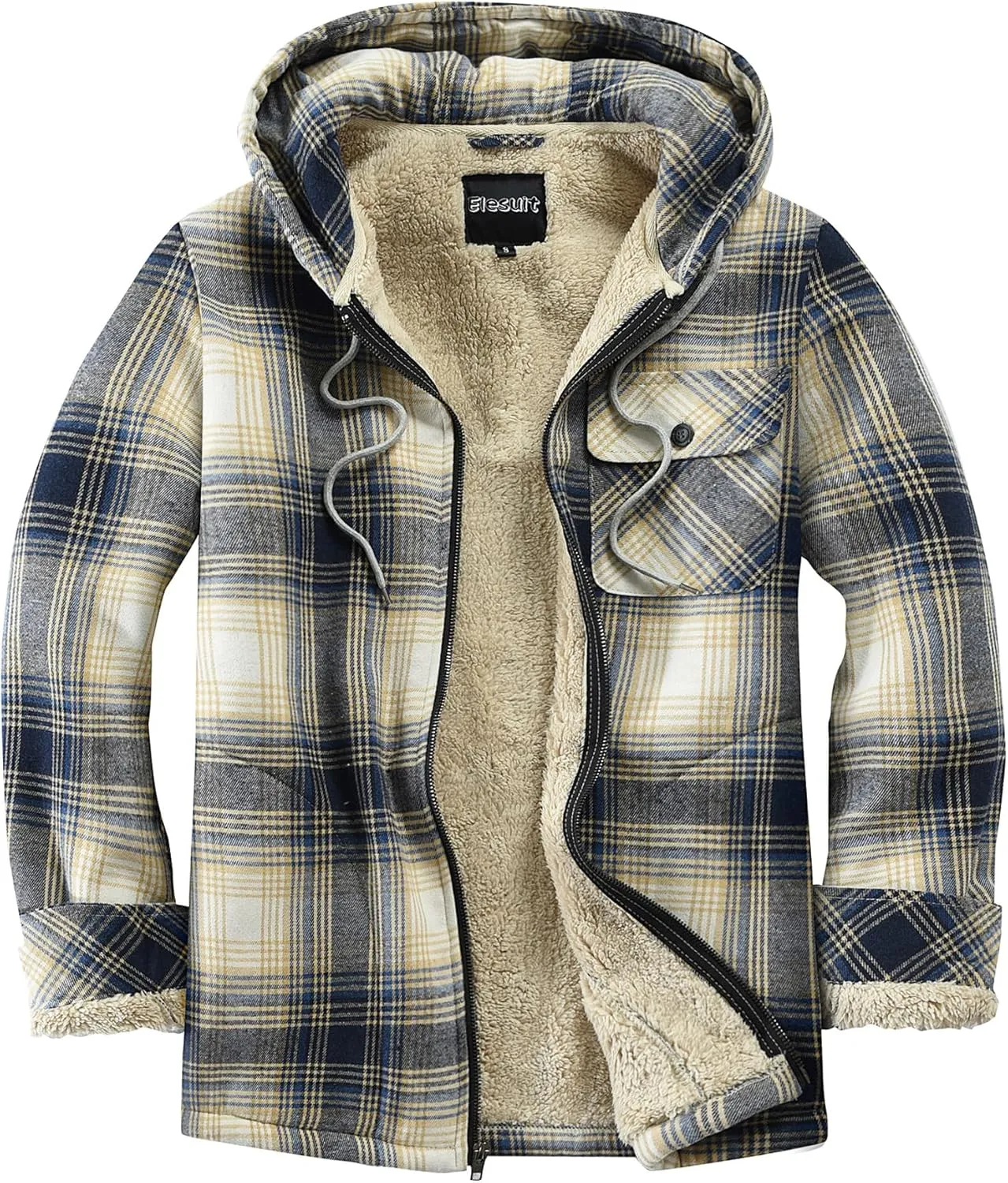Elesuit Men's Full Zip Fleece Flannel Jackets Shirt Plaid Cotton Hoodies Soft Warm Coat for Men with Hood