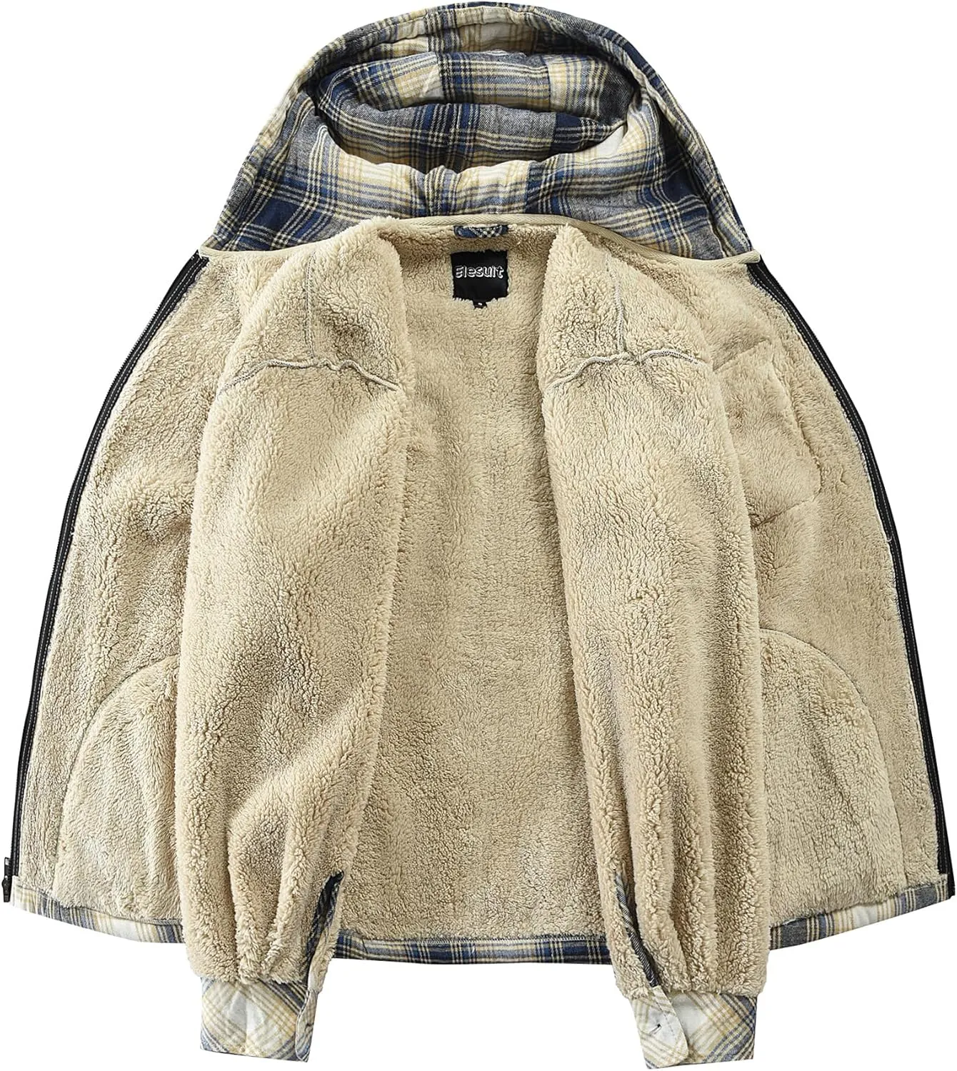 Elesuit Men's Full Zip Fleece Flannel Jackets Shirt Plaid Cotton Hoodies Soft Warm Coat for Men with Hood