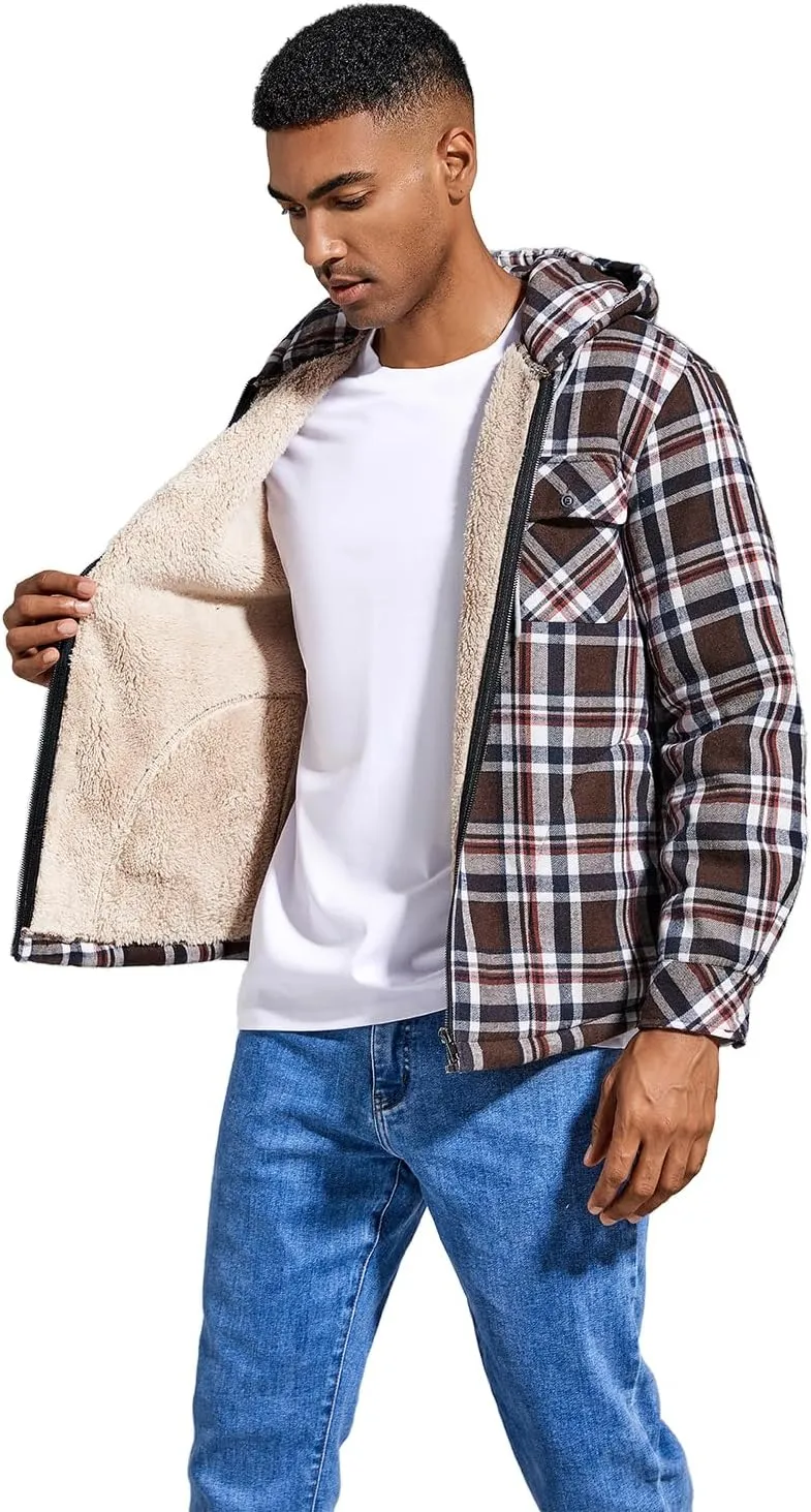 Elesuit Men's Full Zip Fleece Flannel Jackets Shirt Plaid Cotton Hoodies Soft Warm Coat for Men with Hood