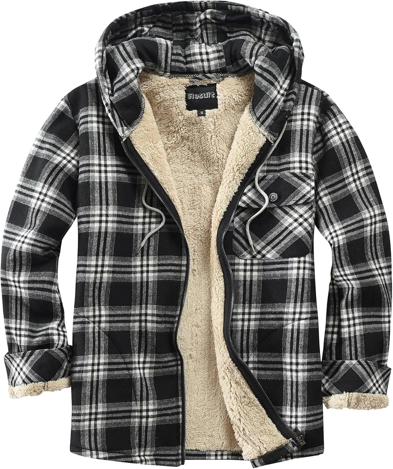 Elesuit Men's Full Zip Fleece Flannel Jackets Shirt Plaid Cotton Hoodies Soft Warm Coat for Men with Hood