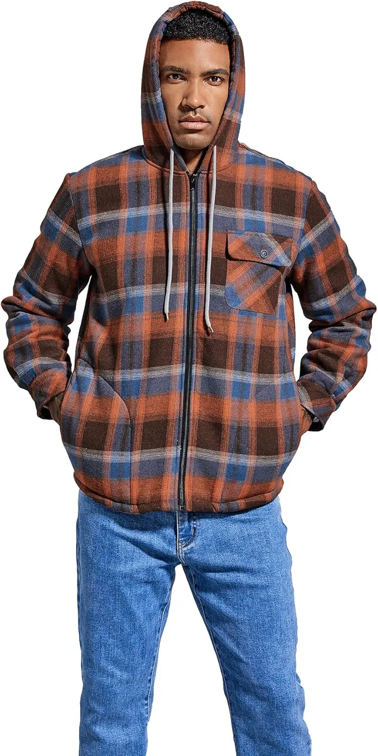 Elesuit Men's Full Zip Fleece Flannel Jackets Shirt Plaid Cotton Hoodies Soft Warm Coat for Men with Hood