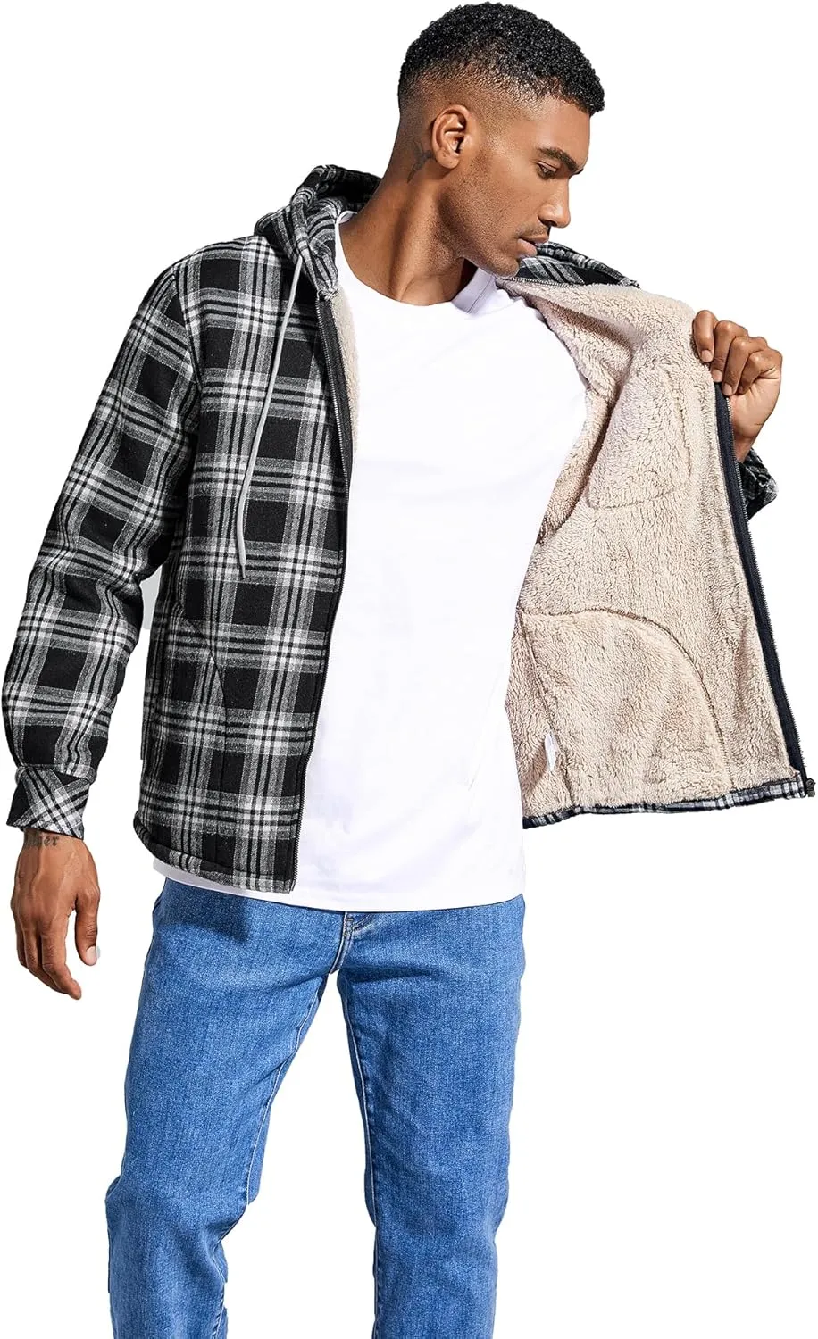 Elesuit Men's Full Zip Fleece Flannel Jackets Shirt Plaid Cotton Hoodies Soft Warm Coat for Men with Hood