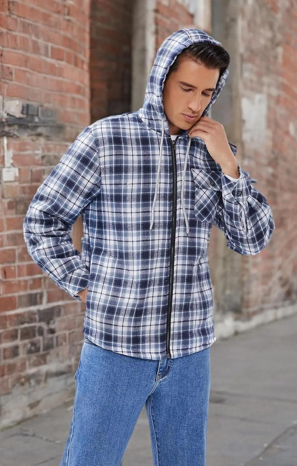 Elesuit Men's Full Zip Fleece Flannel Jackets Shirt Plaid Cotton Hoodies Soft Warm Coat for Men with Hood