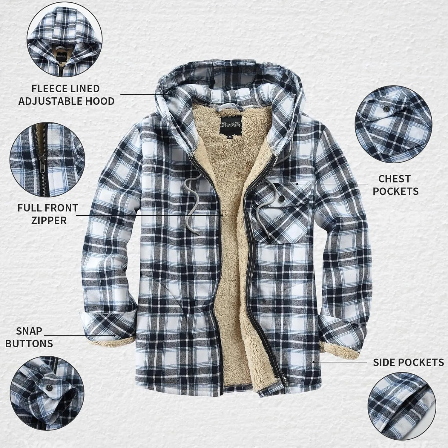 Elesuit Men's Full Zip Fleece Flannel Jackets Shirt Plaid Cotton Hoodies Soft Warm Coat for Men with Hood
