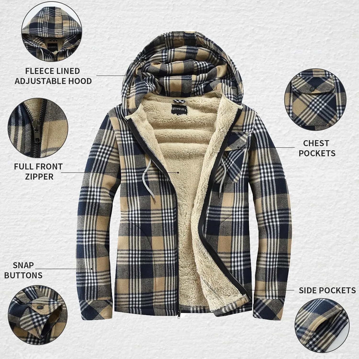 Elesuit Men's Full Zip Fleece Flannel Jackets Shirt Plaid Cotton Hoodies Soft Warm Coat for Men with Hood