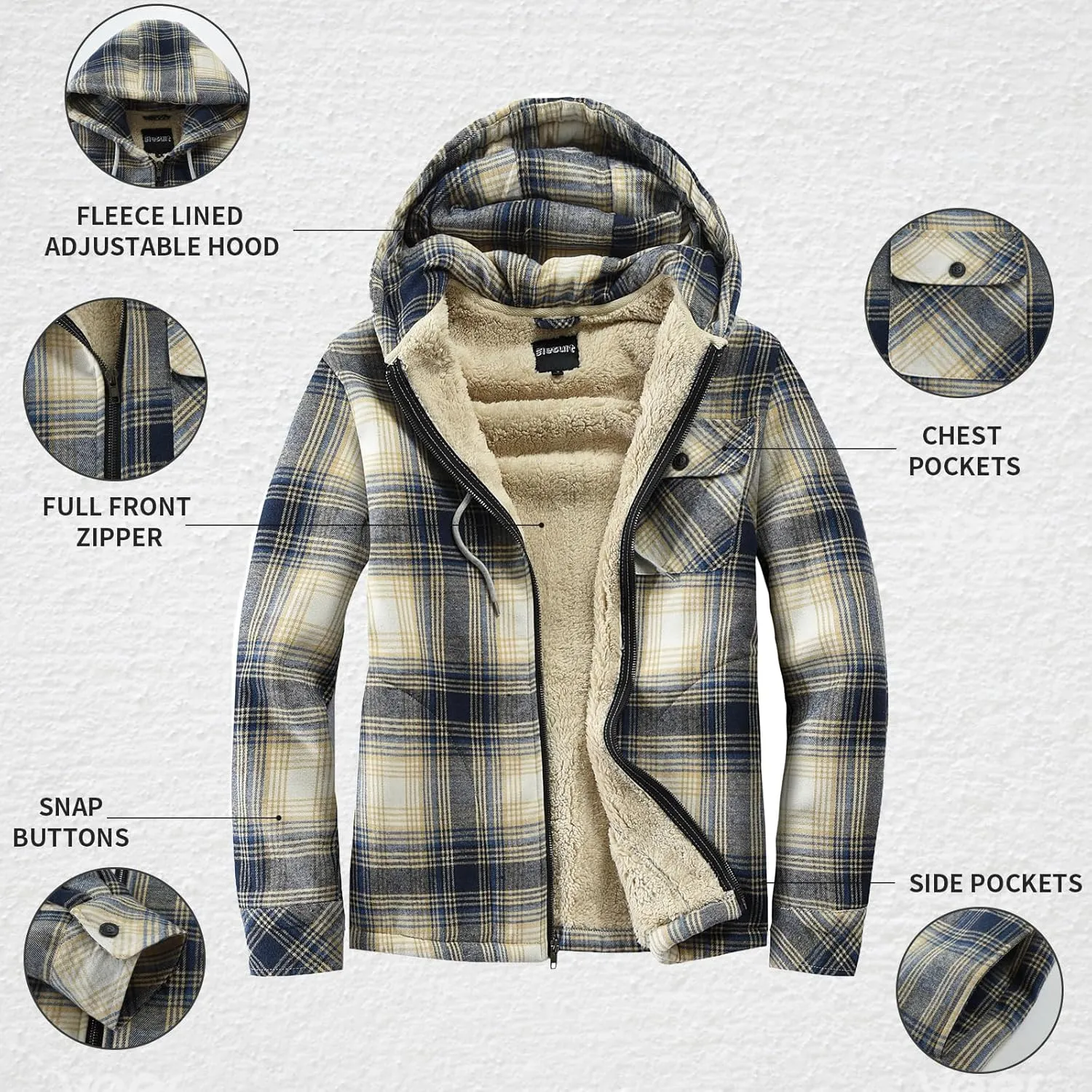 Elesuit Men's Full Zip Fleece Flannel Jackets Shirt Plaid Cotton Hoodies Soft Warm Coat for Men with Hood