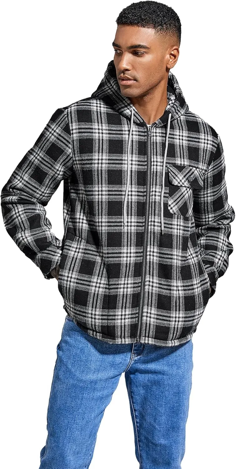 Elesuit Men's Full Zip Fleece Flannel Jackets Shirt Plaid Cotton Hoodies Soft Warm Coat for Men with Hood